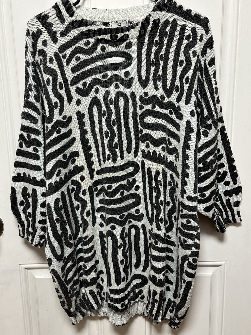 Vintage 80s Abstract Print Black White Ramie Cotton Knit Sweater XL Artsy 90s